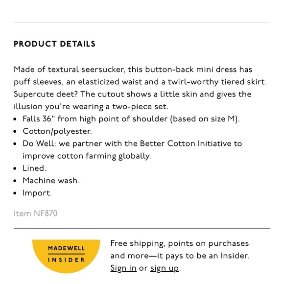 Madewell Seersucker Puff-Sleeve Cutout Mini Dress, NWT M - Picture 7 of 7